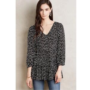 Anthropologie Maeve Lila Tiered Tunic V-Neck Black Polka Dot OB476678 Womens XS